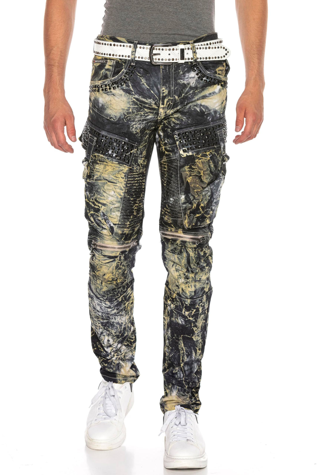 Cipo & Baxx Herren Biker Jeans Ripped-Destroyed-Frayed-Slim Fit Jeans Hose mit Nieten und Muster Kha