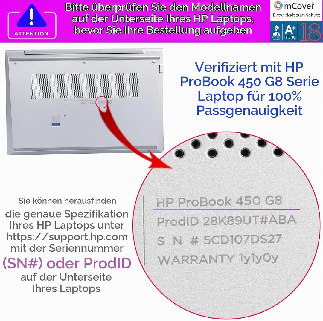 mCover Hartschalen-Schutzhülle kompatibel mit HP ProBook 450/455 G8/G9/G10 und EliteBook 650 G8/G9/G