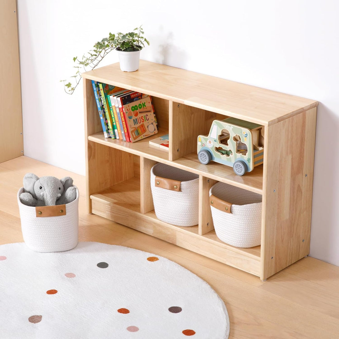 OOOK Gummiholz Kinderregal Spielzeugschrank, Spielzeugregal mit 2 grossen Fächern und 3 kleinen Fäch