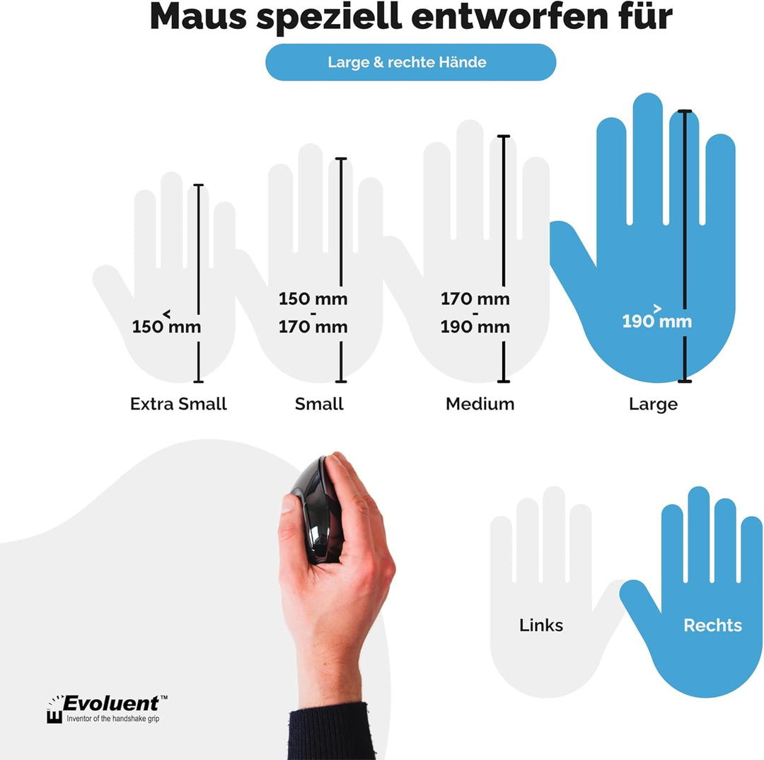 Evoluent VMDL VerticalMouse D Grosse rechte ergonomische Maus mit kabellosem USB-Anschluss VMDLW, Sc