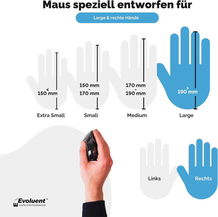 Evoluent VMDL VerticalMouse D Grosse rechte ergonomische Maus mit kabellosem USB-Anschluss VMDLW, Sc