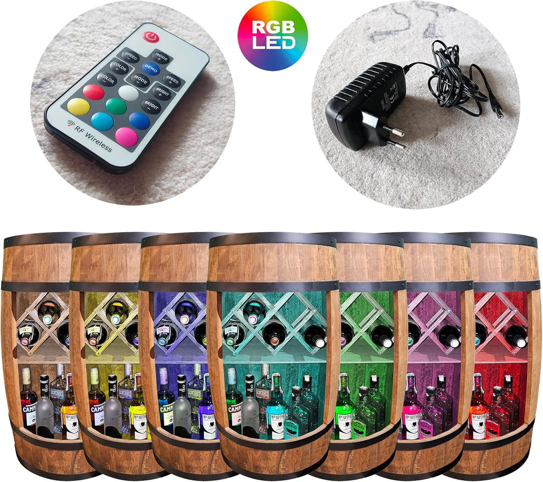 CREATIVE COOPER Fass bar mit Weinhalter - Weinregal LED RGB - Holzfass Hausbar 80x50cm - Rustikaler