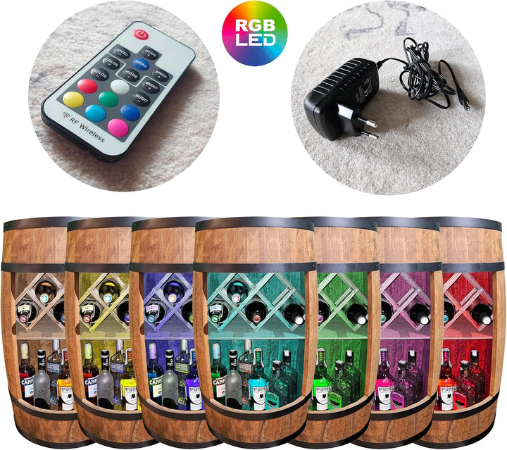 CREATIVE COOPER Fass bar mit Weinhalter - Weinregal LED RGB - Holzfass Hausbar 80x50cm - Rustikaler