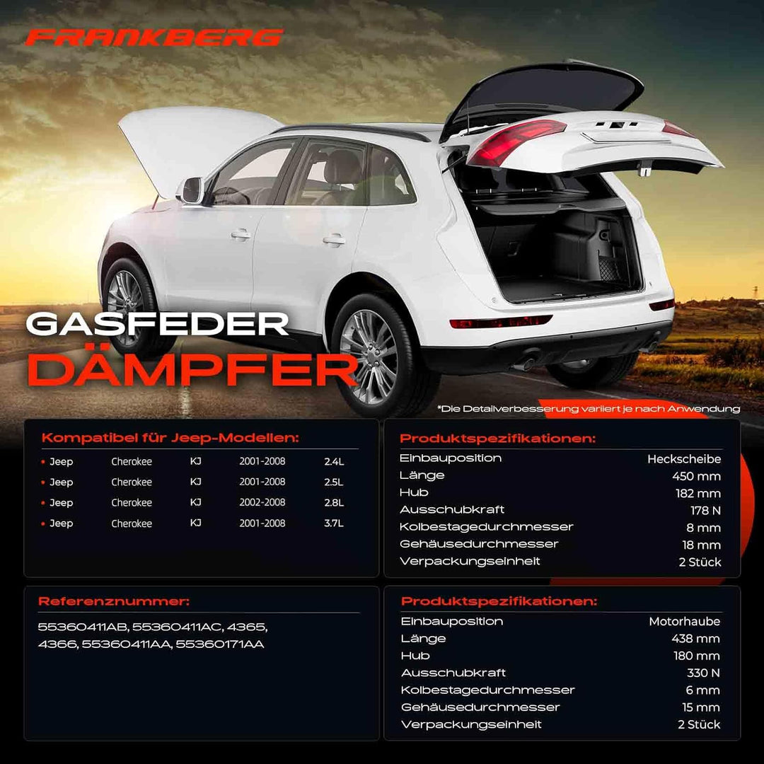 Frankberg 4x Gasfeder Dämpfer Heckscheibe Motorhaube Kompatibel mit Cherokee KJ Alle Motoren SUV 200