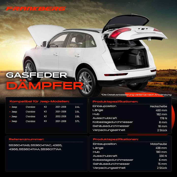 Frankberg 4x Gasfeder Dämpfer Heckscheibe Motorhaube Kompatibel mit Cherokee KJ Alle Motoren SUV 200