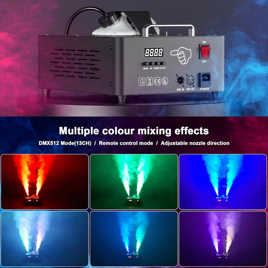2000W Nebelmaschine mit Lichteffekt, Dual Düse Rauchmaschinen mit 8+8 RGB LEDs Bühneneffekt Fog Mach