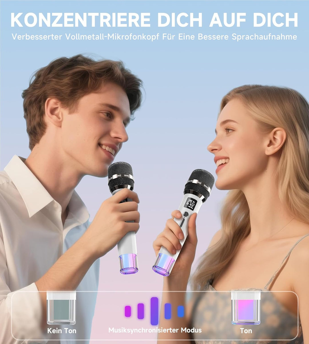 Mikrofon Kabellos, Mikrofone mit Eins-zu-Eins-Chip-Verbindung und LED-Leuchten, 40 Stunden Laufzeit,