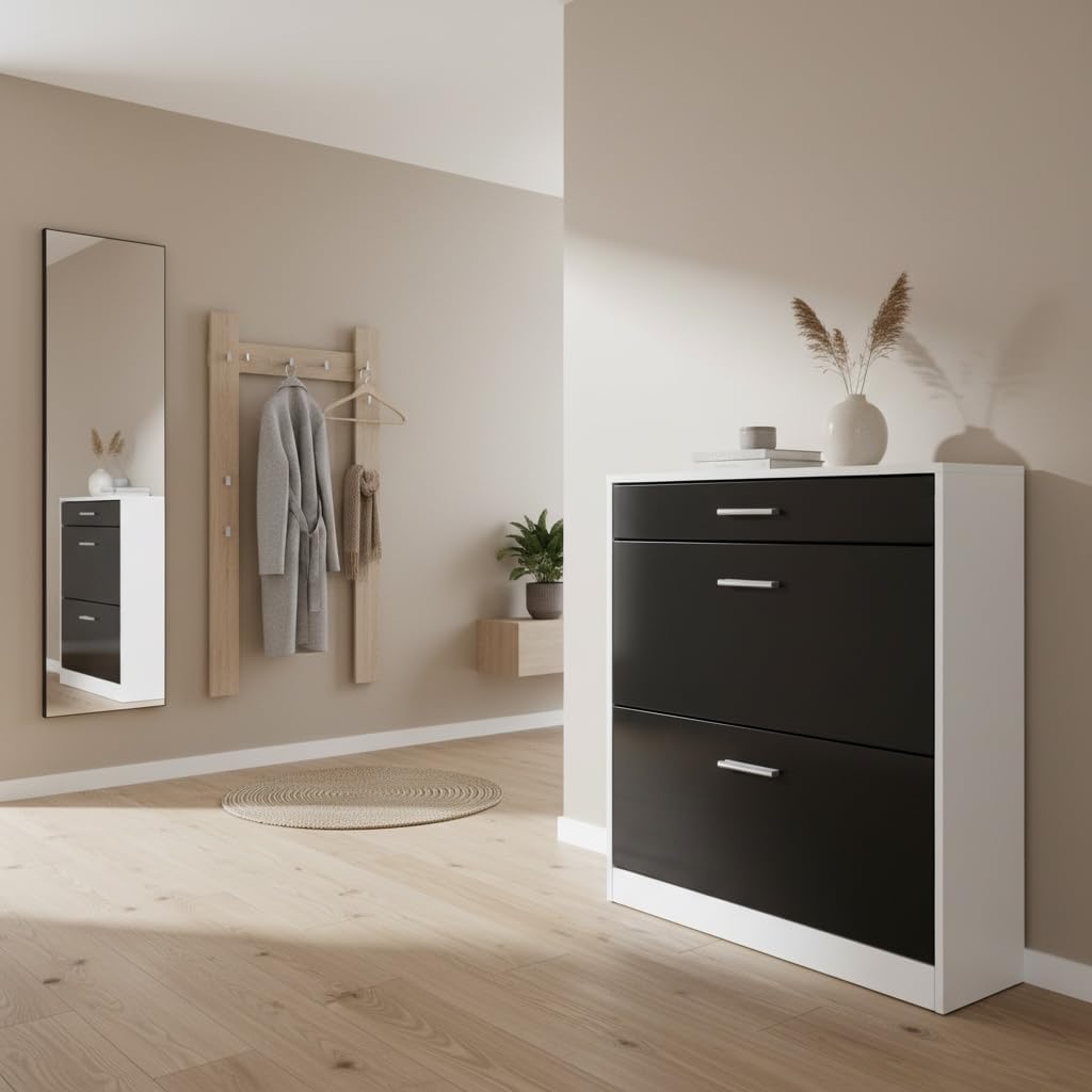 Schuhschrank Roma Schmal mit 2 Klappen und 1 Schublade, Platzsparender Schuhkipper Flurschrank für D