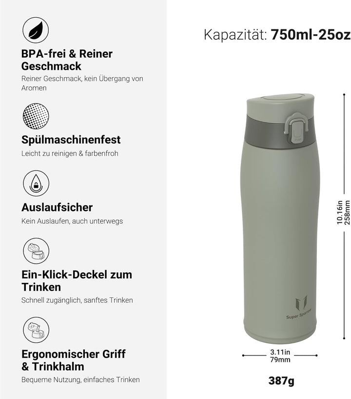 Super Sparrow Trinkflasche Edelstahl 18/8 - Trinkbecher - 750ml - BPA-Frei, Auslaufsicher Thermobech
