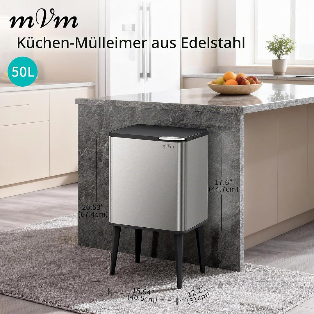 mVm Küchen &amp; Büromülleimer 50L, Edelstahl, Rechteckig, Mit Deckel &amp; Geruchsfilter, Sanftschliessend
