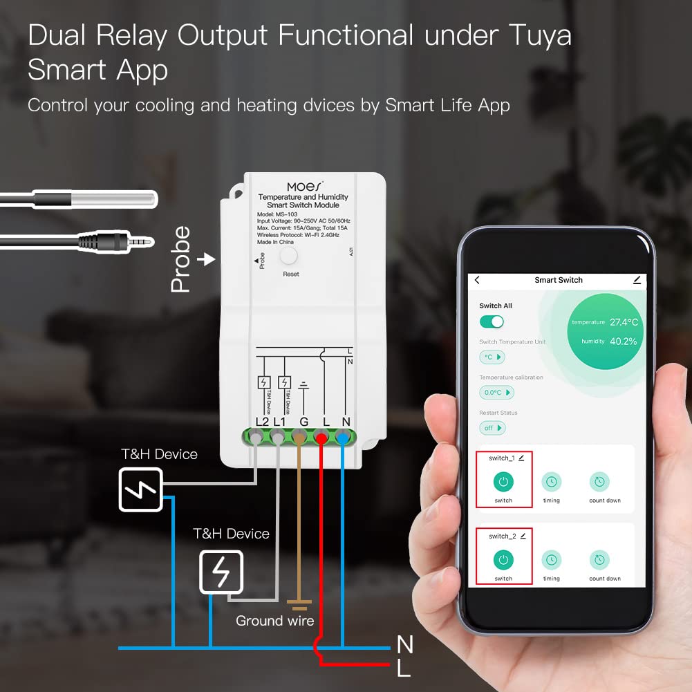 MOES WiFi Smart DIY Switch Modul mit wasserdichtem Temperatursensor, Dual Output Controller, Smart L