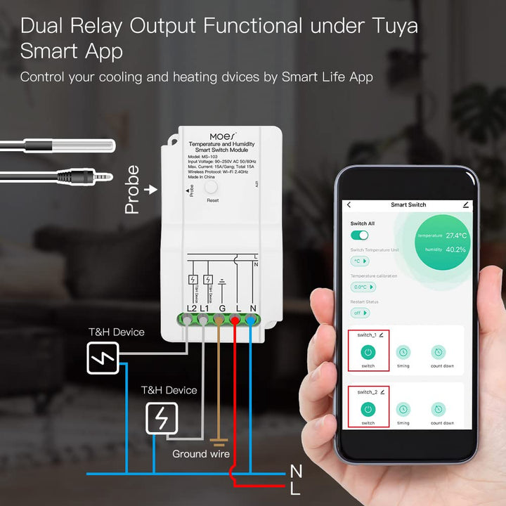 MOES WiFi Smart DIY Switch Modul mit wasserdichtem Temperatursensor, Dual Output Controller, Smart L