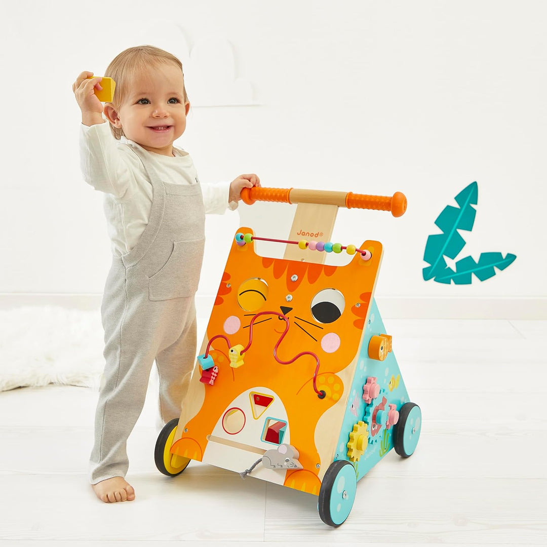 Janod Baby Lauflernhilfe ‘Katze’ - Holzspielzeug, Laufwagen für Draussen - Baby Walker mit Bremse un