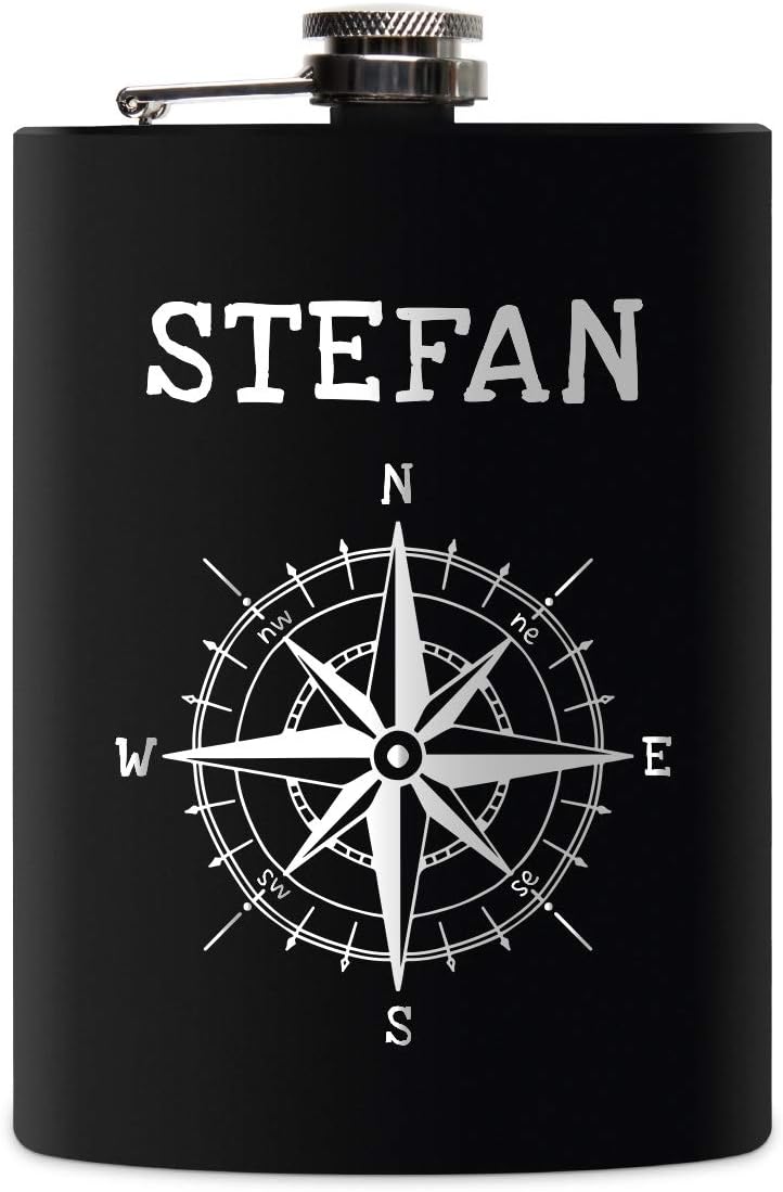 Flachmann Edelstahl Schwarz Matt 237 ml 8 oz individuelle Gravur in Silber - Kompass, Kompass