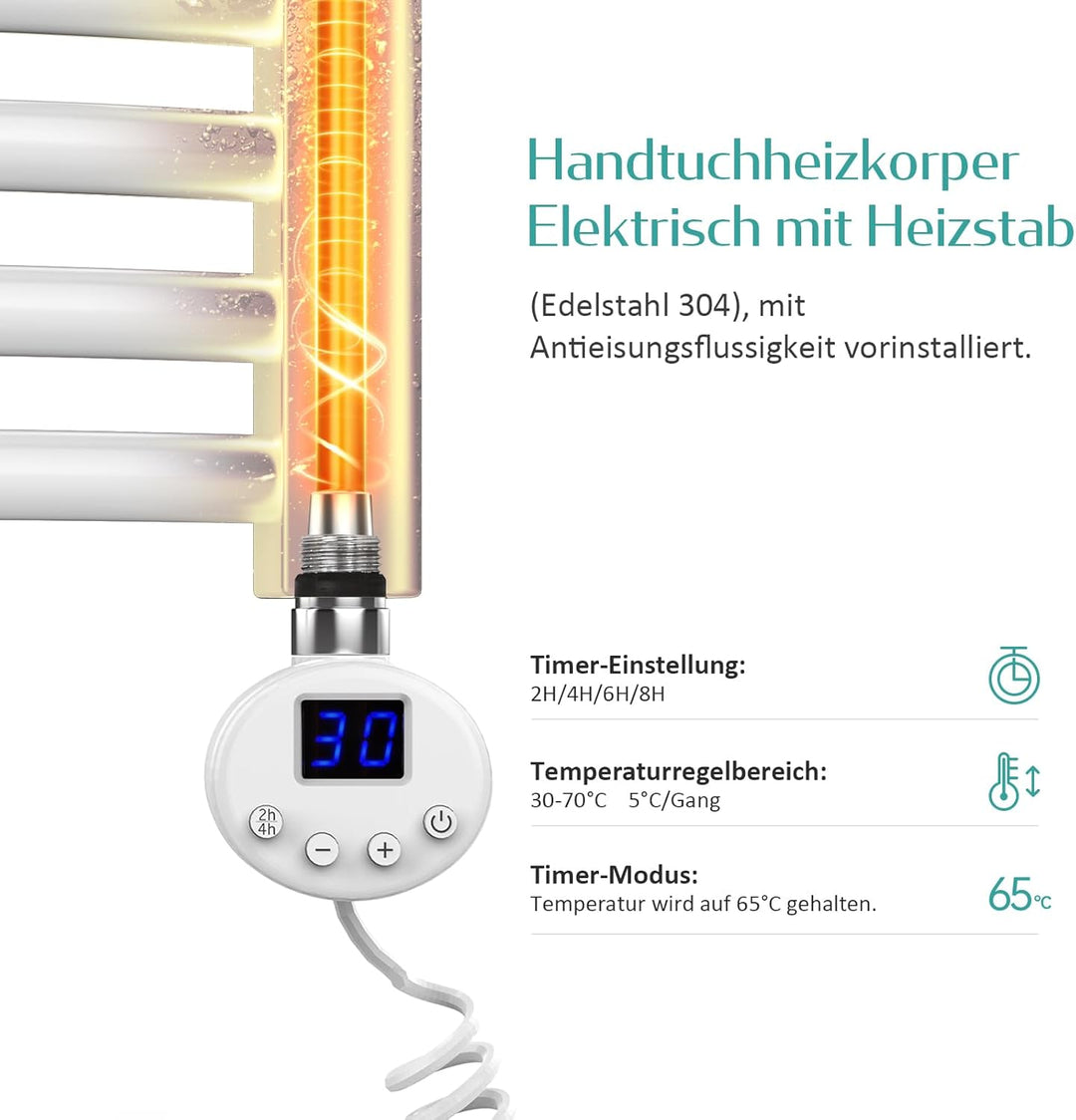 EMKE Badheizkörper Elektrisch Handtuchwärmer mit Thermostat Gebogen 120x60cm 600 Watt Weiss Handtuch