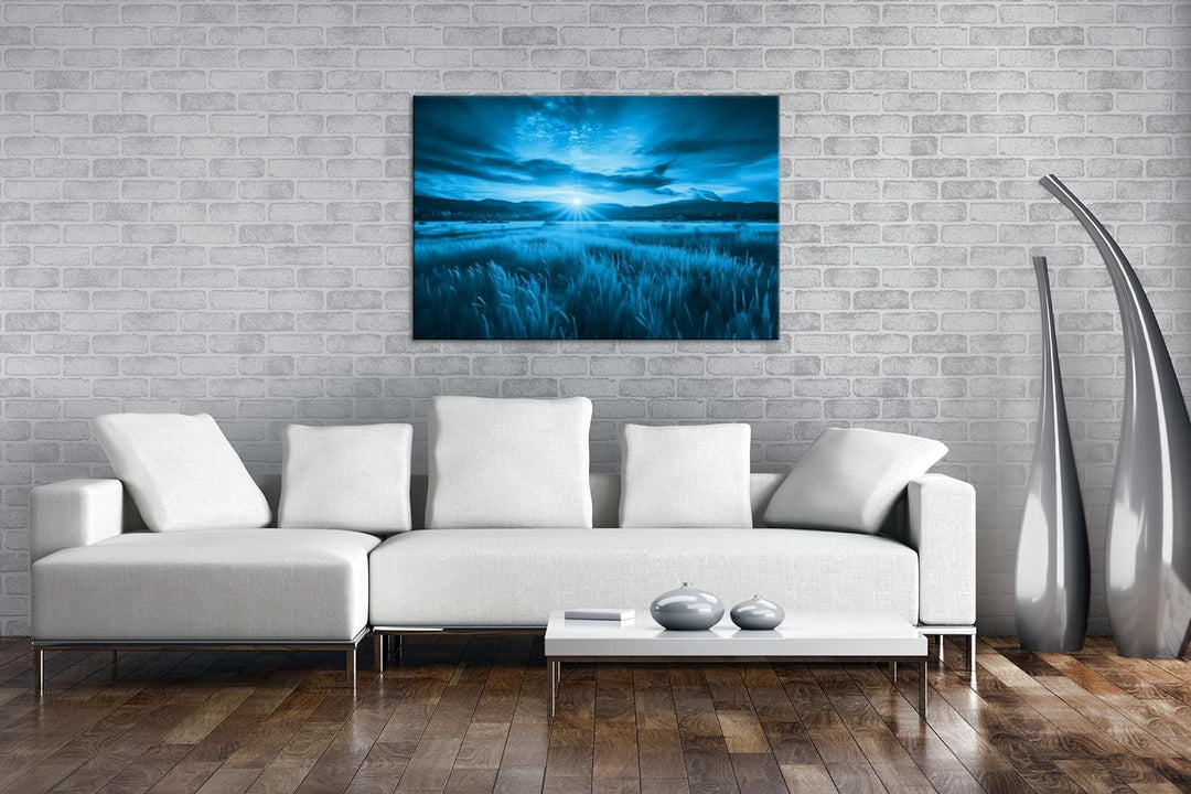 deyoli Bunter Sonnenuntergang Format 80x60 Effekt: Monocrome Blau als Leinwandbild, Motiv fertig ger