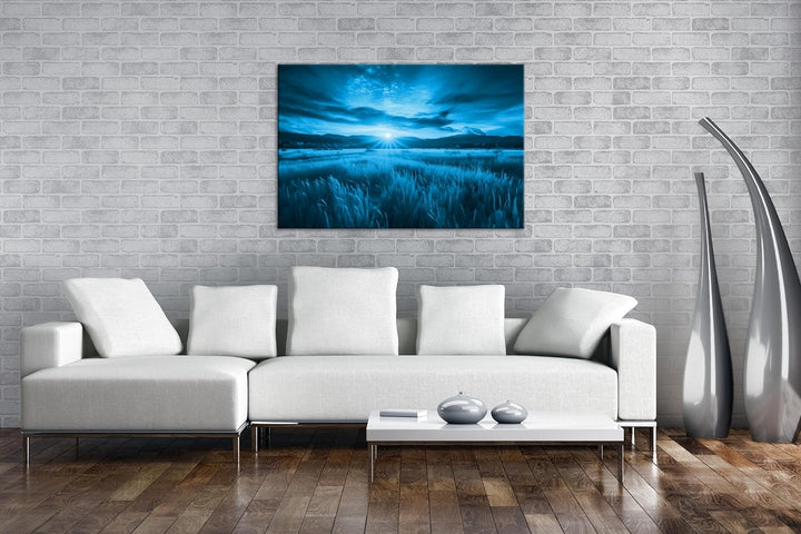 deyoli Bunter Sonnenuntergang Format 80x60 Effekt: Monocrome Blau als Leinwandbild, Motiv fertig ger