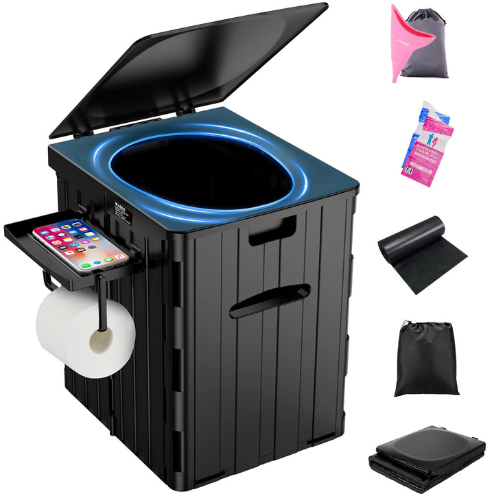 WADEO Tragbare Campingtoilette mit Deckel, 39 cm hohe Mobile Toilette mit 12 Stück Toilettenbeutel,