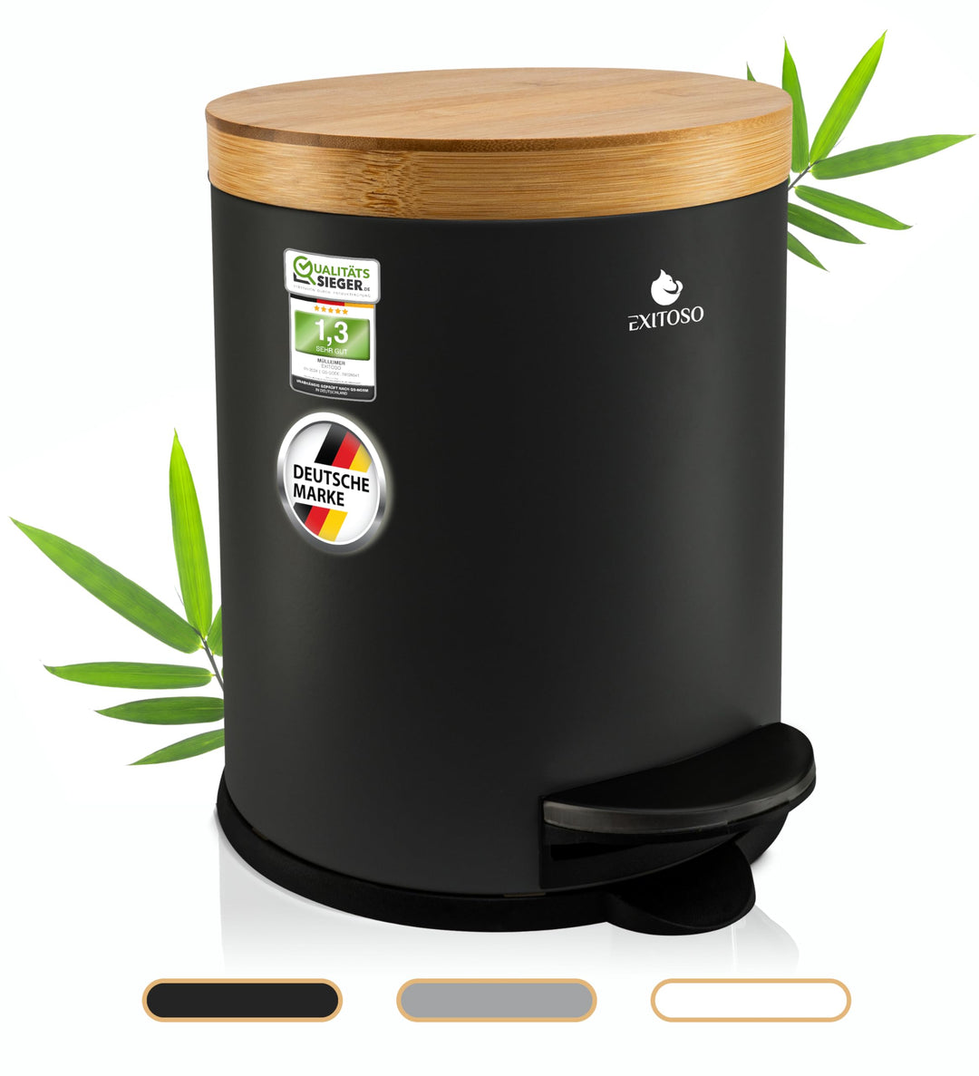 Exitoso 5L Mülleimer Bad Schwarz - Kosmetikeimer mit Bambus-Holzdeckel und Absenkautomatik - mit Rut