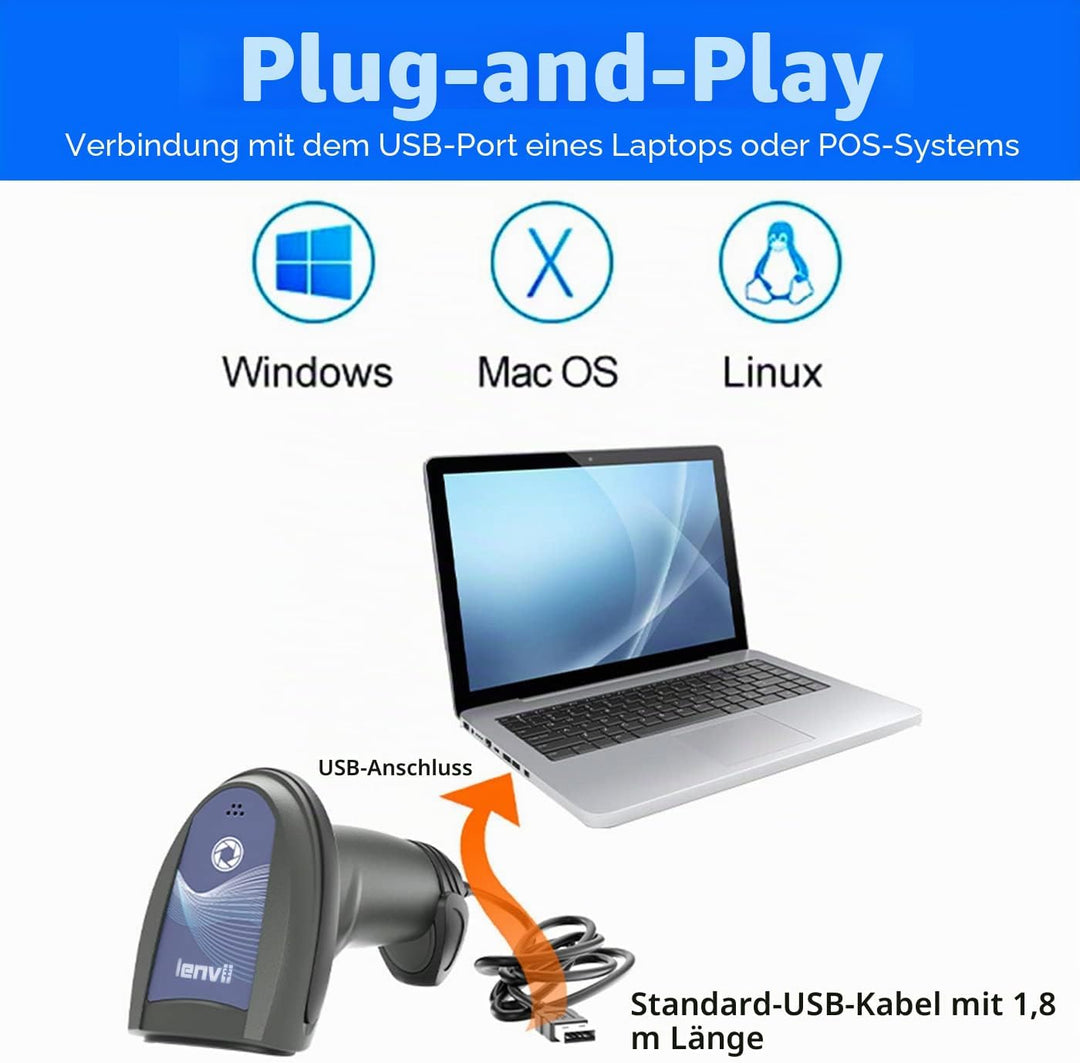 LENVII Handheld 2D QR Barcode Scanner,Kabelgebundener 1D-CCD-Barcode-Leser, unterstützt das Scannen