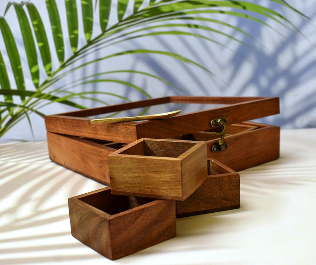 Wooden Spice Box with Glass Lid – 9-Compartment Masala Dabba Organizer with Spoon – Spice Storage Co
