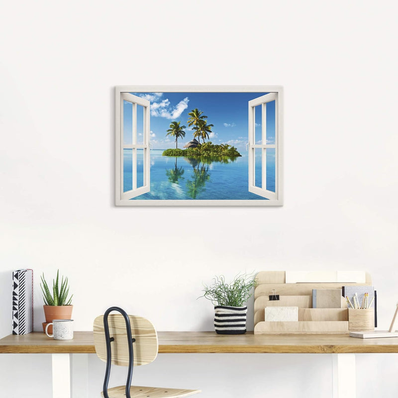 ARTland Leinwandbilder Wandbild Bild auf Leinwand 100x70 cm Fensterblick Fenster Meer Insel Palmen K