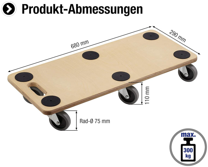 Metafranc Transportroller 680 x 290 mm - 300 kg Tragkraft - Sperrholz - TPE-Räder / Möbelroller / Tr