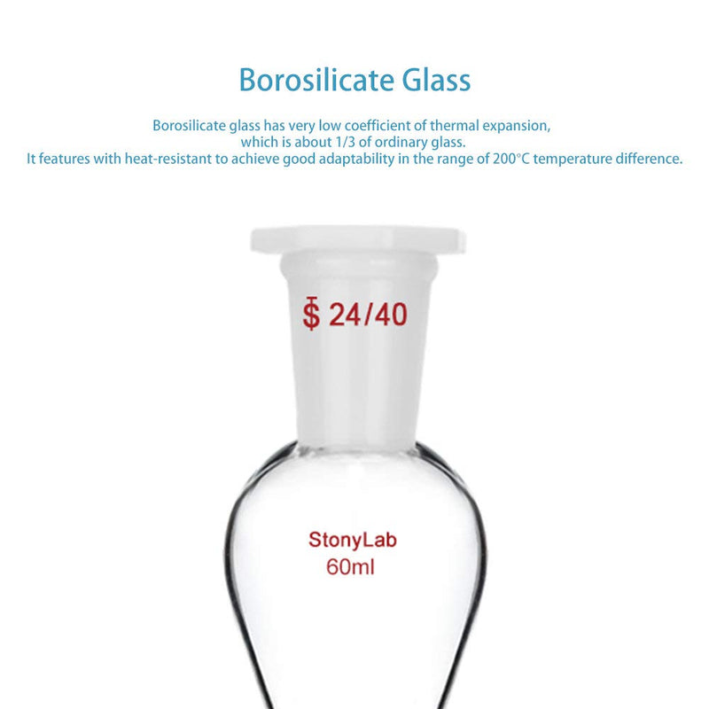 StonyLab 60 ml Trichter aus Borosilikatglas, Separatory Funnel, Schwerwandig Konisch mit 24/40 Gelen