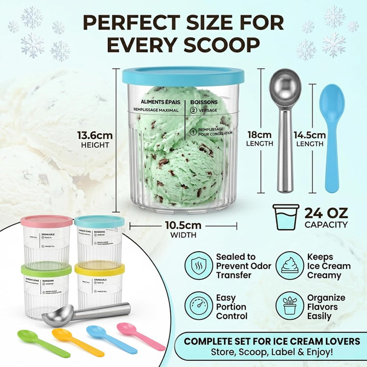 4er Behälter Set für Ninja CREAMi Deluxe, 24oz Ice Cream Pints mit bunten Deckeln, inklusive 4 Mini-