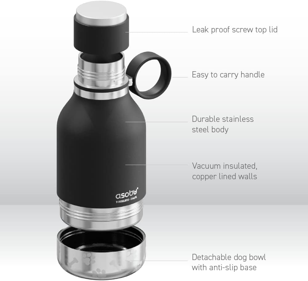 Asobu Hundenapf für Haustiere, mit isolierter Edelstahl-Reiseflasche, 945 ml, Schwarz, 1 Count (Pack