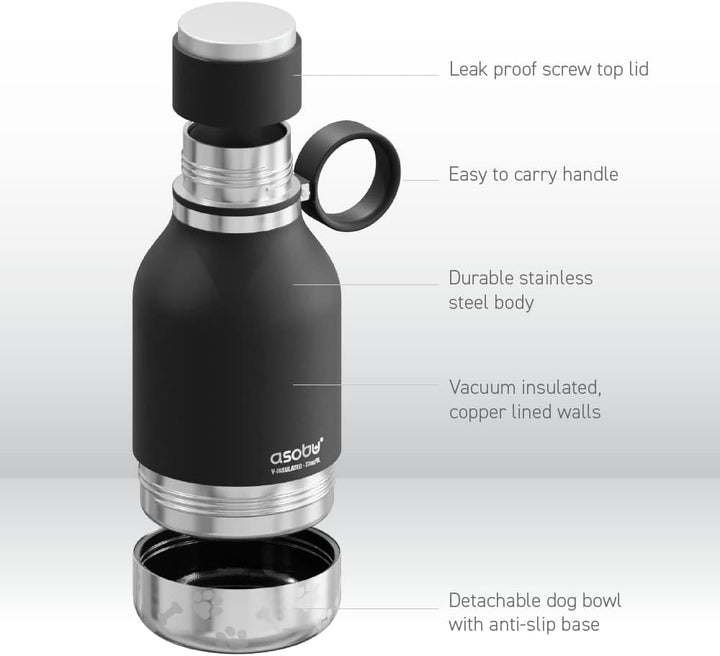 Asobu Hundenapf für Haustiere, mit isolierter Edelstahl-Reiseflasche, 945 ml, Schwarz, 1 Count (Pack