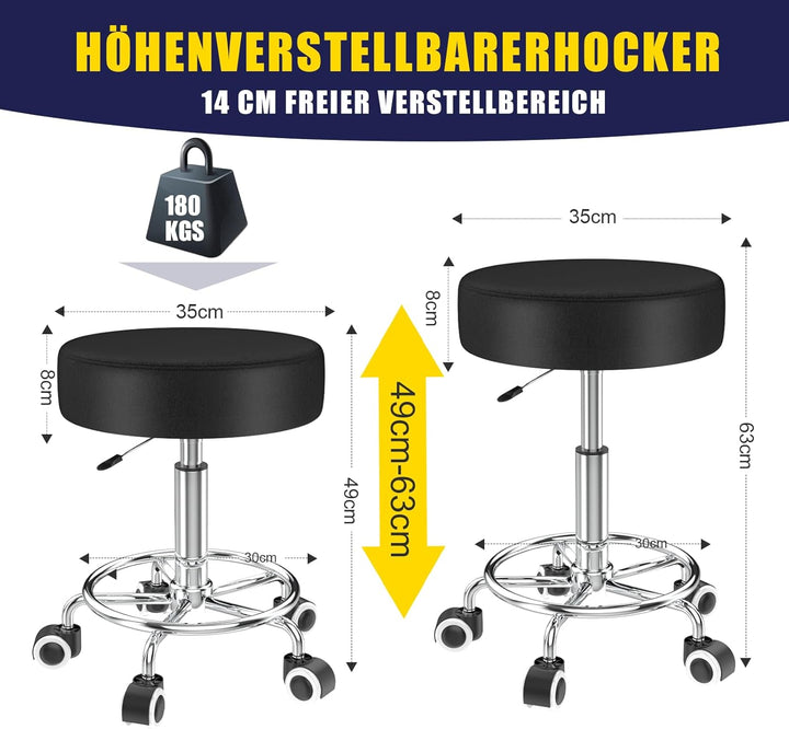 Hocker höhenverstellbar 49cm-63cm,Rollhocker mit fussstützezur Entspannung des Körpers,kompakt,beque