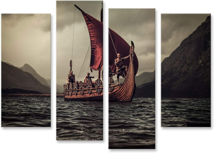 islandburner Bild auf Leinwand Gruppe Von Wikingern Auf Dem Meer Auf Drakkar Mit Bergen Im Hintergru