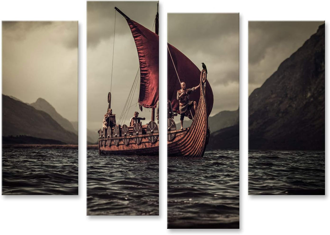 islandburner Bild auf Leinwand Gruppe Von Wikingern Auf Dem Meer Auf Drakkar Mit Bergen Im Hintergru