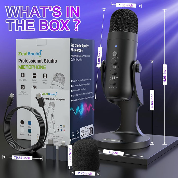 zealsound USB Mikrofon - Kondensatormikrofon für PC und Handy, mit Stummschaltung, Rauschunterdrücku