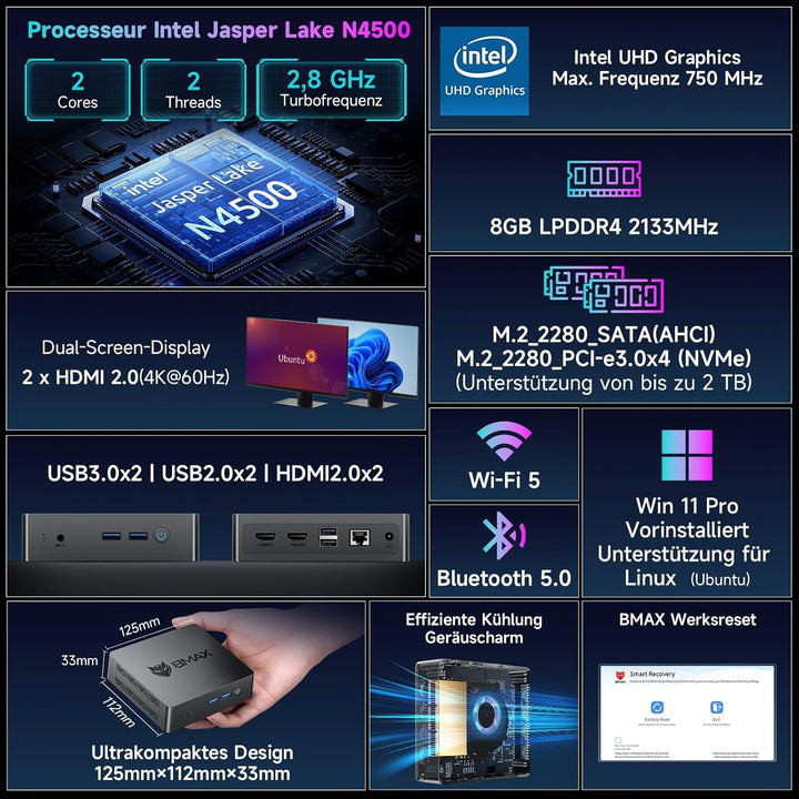 BMAX Mini-PC W11 Pro, Prozessor der 11. Generation N5095 (max. 2,9 GHz), 8 GB LPDDR4 + 256 GB M.2 SS