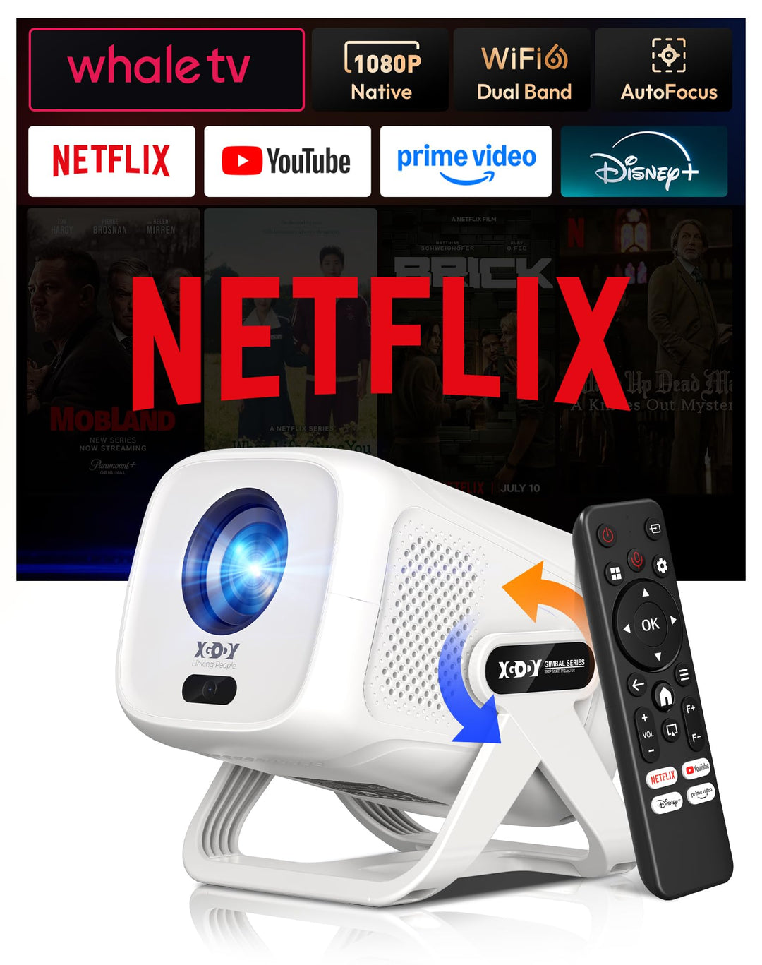[Kompatibel mit Netflix & Elektrischer Focus] Beamer Gimbal N5 1080P Mini Beamer mit WiFi & Bluetoot