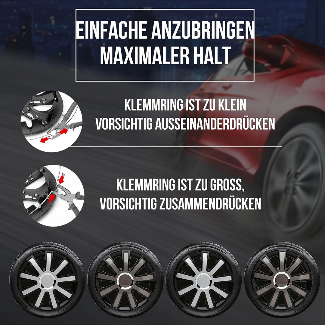Albrecht 14 Zoll Radkappen schwarz/silber für Stahlfelgen - Flash Radzierblenden aus hochwertigem Ku