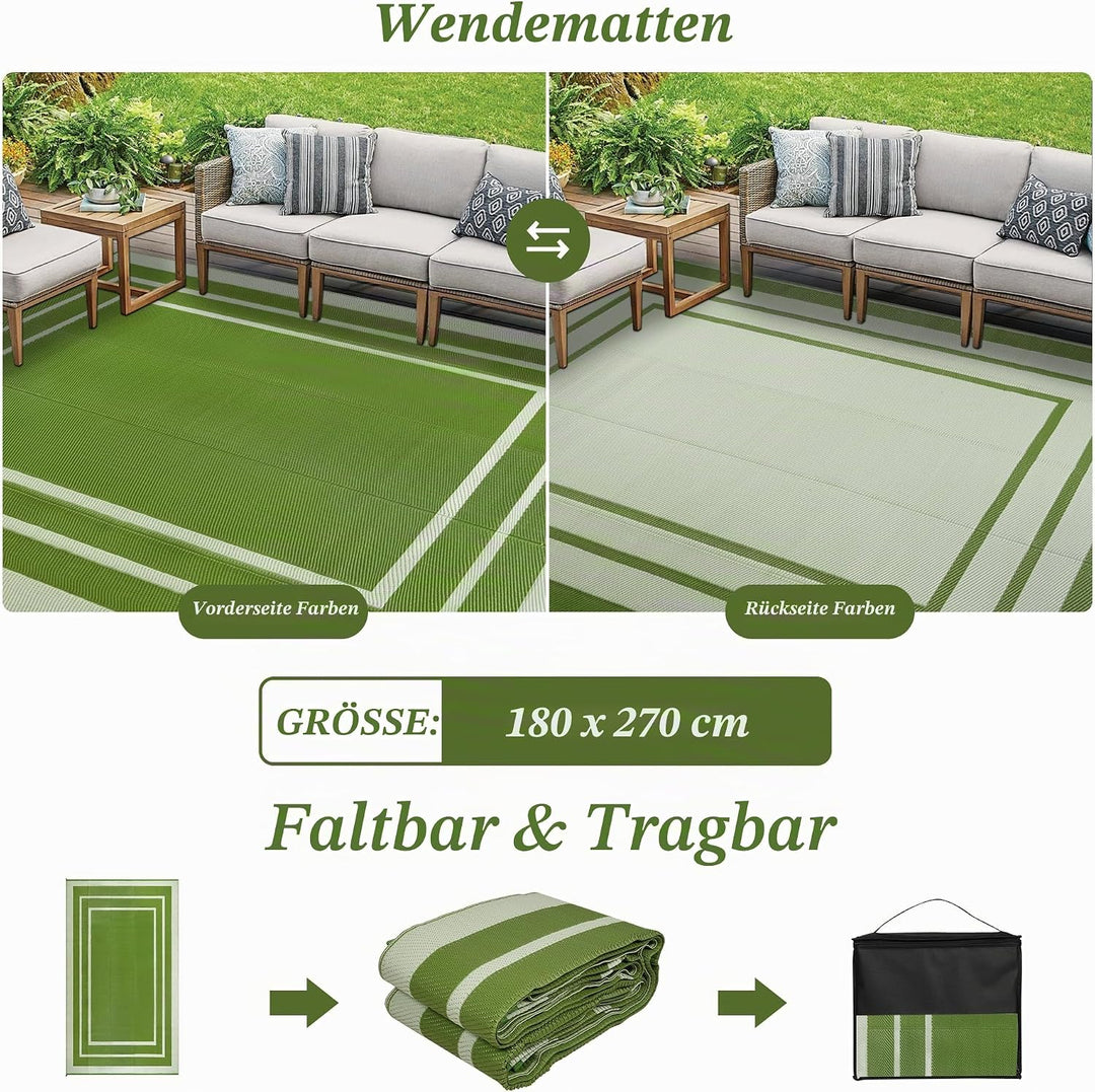 Outdoor Teppich Wetterfest 180x270cm Gras Grün Kunststoff Picknickdecken Wasserfest Reversible Campi