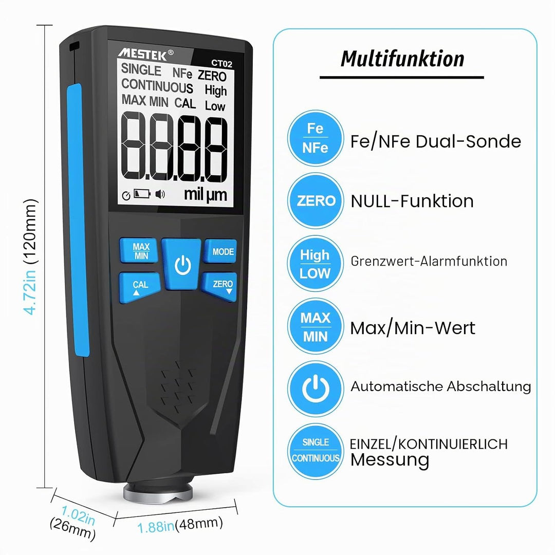 Schichtdickenmessgerät Lackschichtenmesser MESTEK Lacktester 0-1500um mit LCD-Display 2 Messmodi Hoc