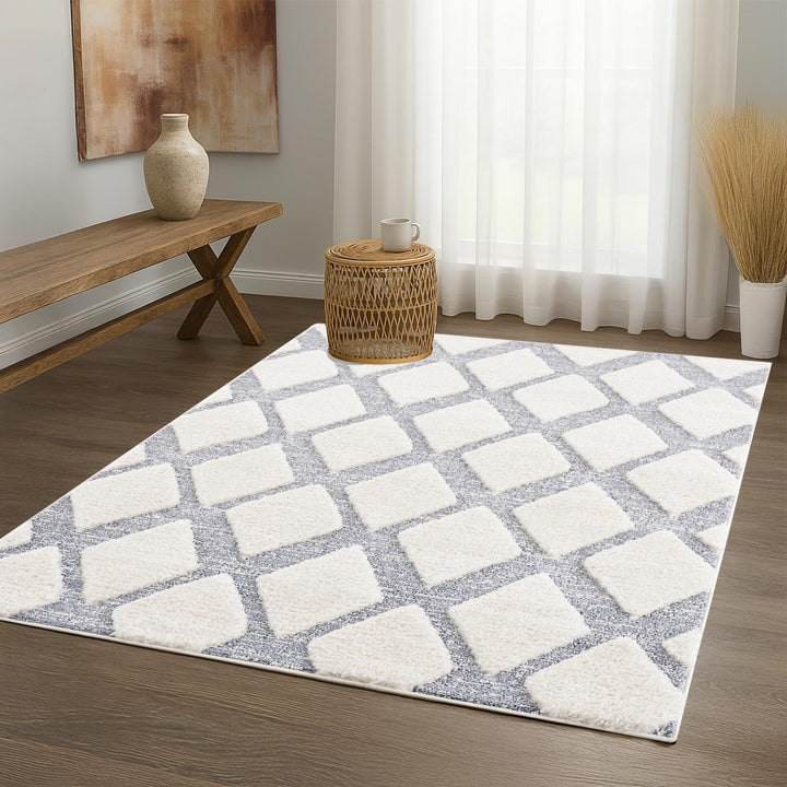 payé Teppich Wohnzimmer Hochflor - Boho - Skandinavisch - 120x170cm - Pastell Creme Grau - Raute Mus