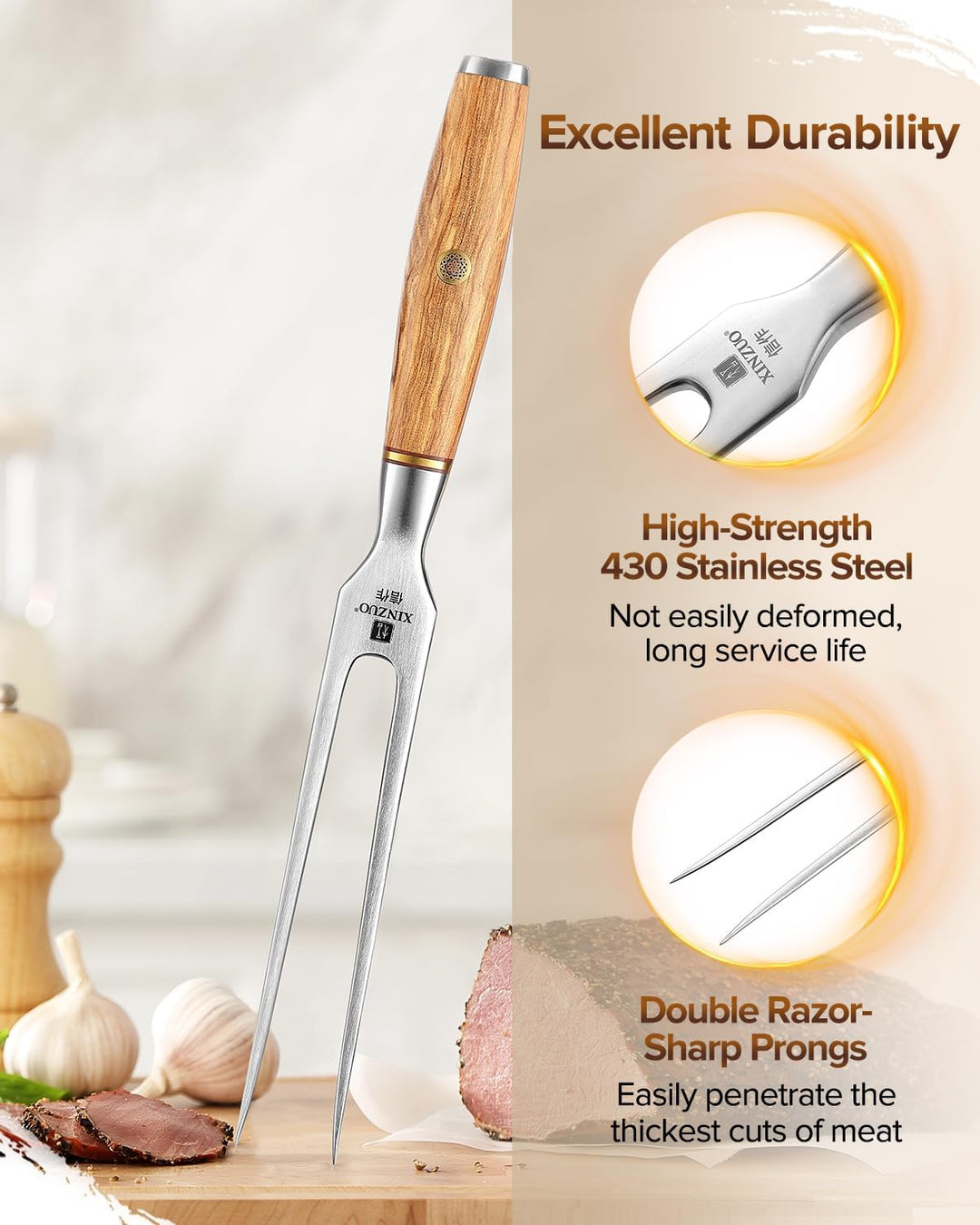 XINZUO 29.7cm Fleischgabel Tranchiergabel 430 Edelstahl, Serviergabel Steakgabel professioneller mul