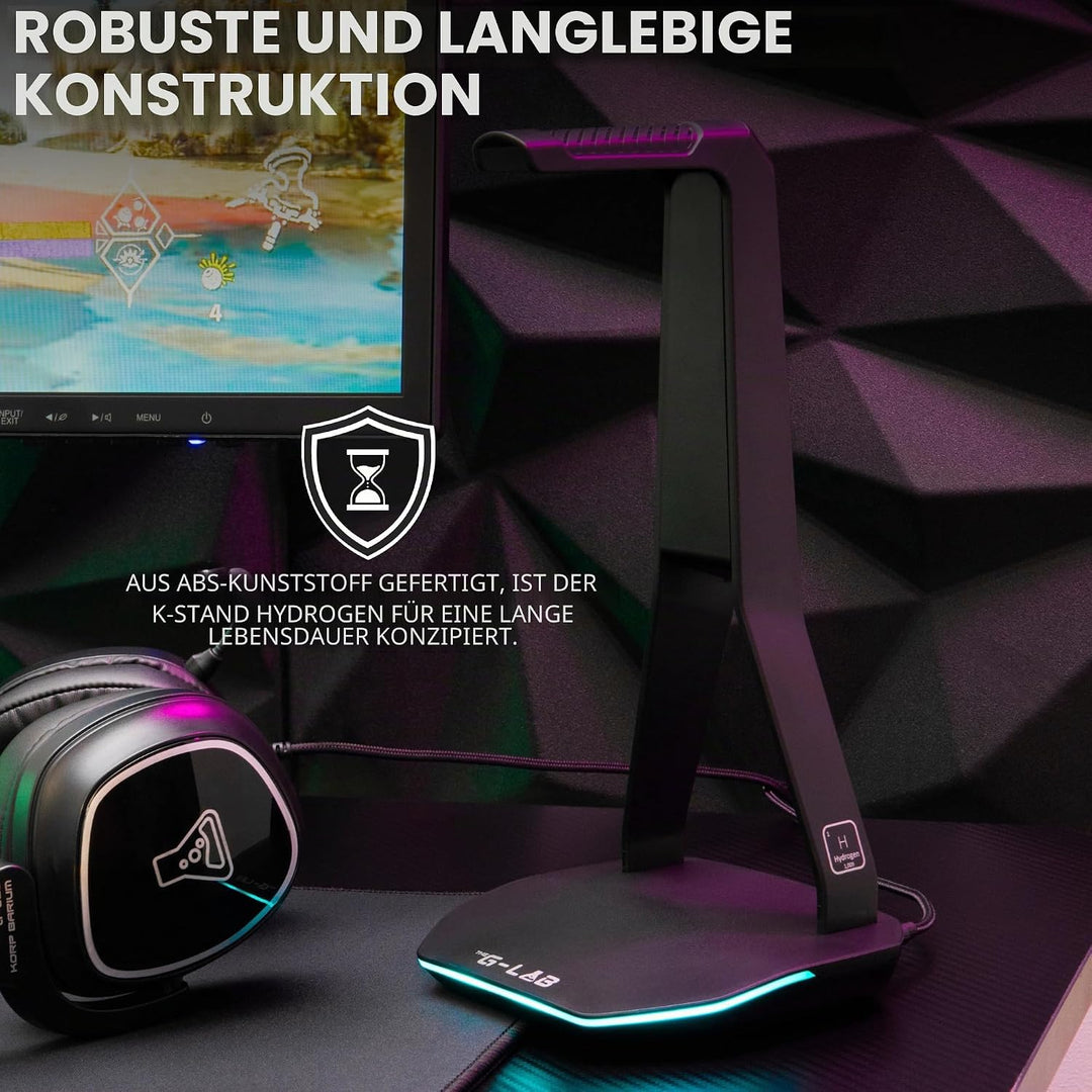 The G-Lab – K-Stand Hydrogen – Gaming Kopfhörer Ständer – RGB mit 7 Farben, EIN/Aus-Schalter, 2X USB