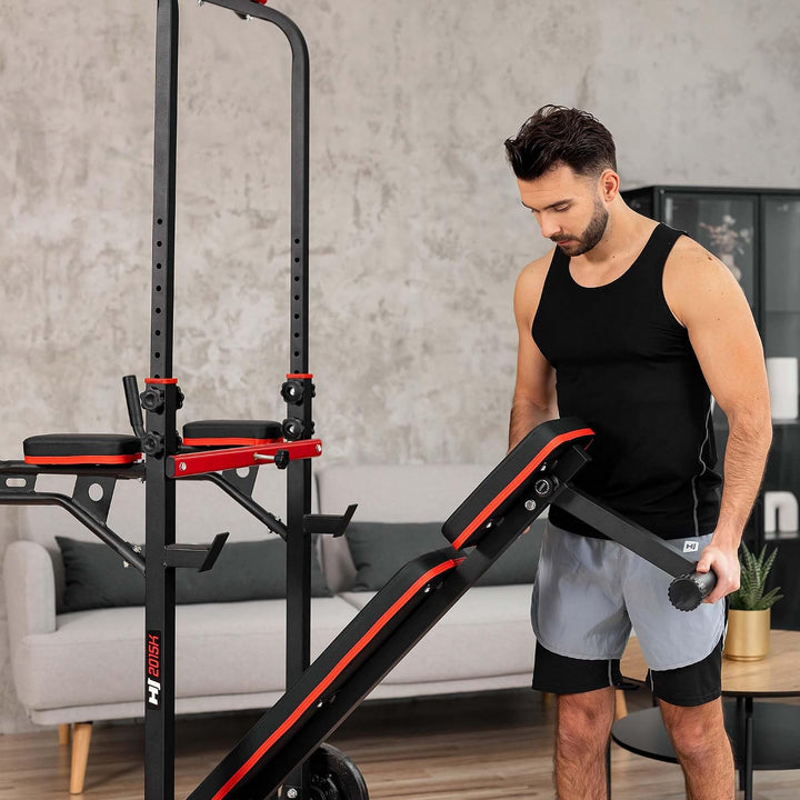 Hop-Sport Power Tower mit Klimmzugstange, Hantelbank &amp; Dip-Station, Fitnessgerät für Zuhause, Calist