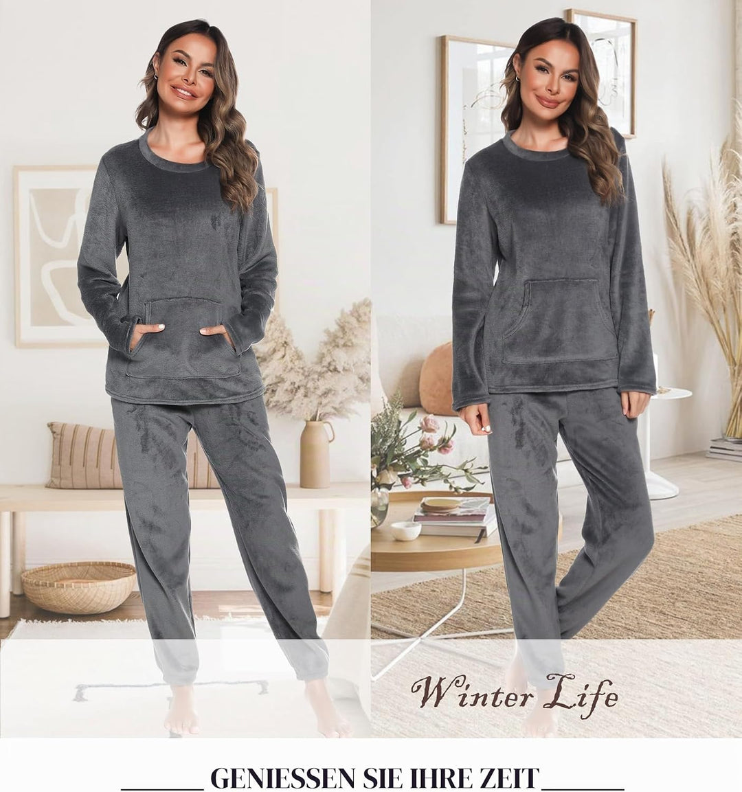Lovasy Fleece Schlafanzug Damen Lang Winter Warmer Pyjama Set Flauschiger Frottee Schlafanzüge für D