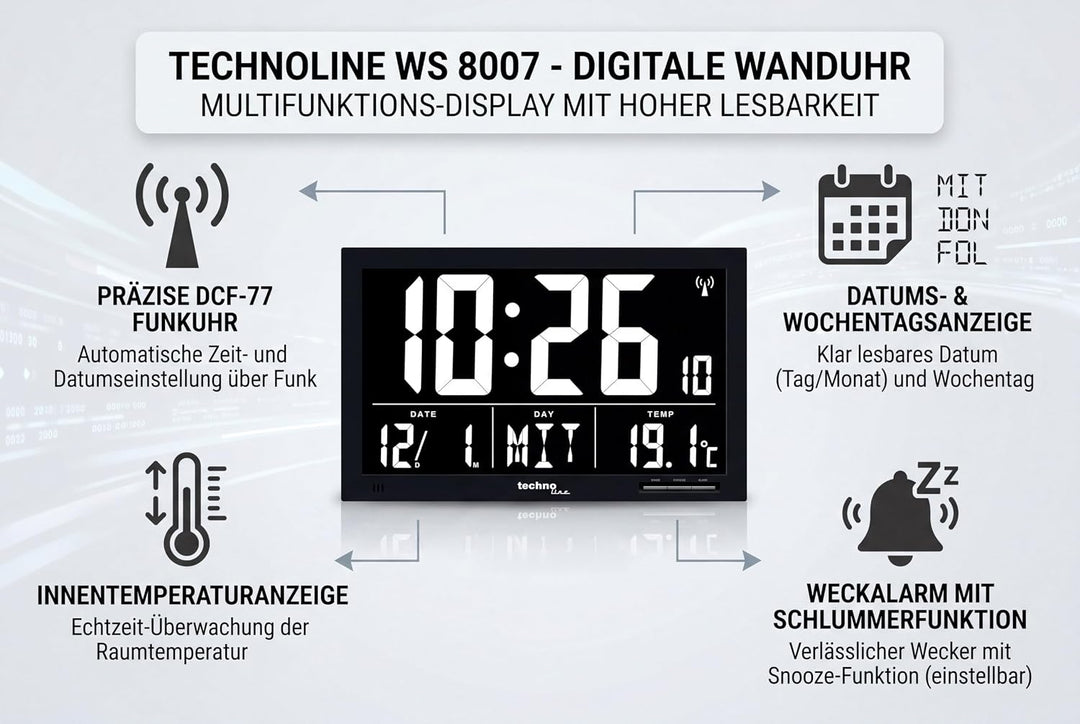 Technoline, WS 8007 Funk-Wanduhr, schwarz, 36,8 x 2,9 x 22,8cm