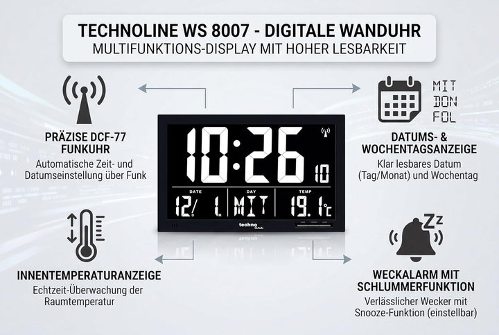 Technoline, WS 8007 Funk-Wanduhr, schwarz, 36,8 x 2,9 x 22,8cm