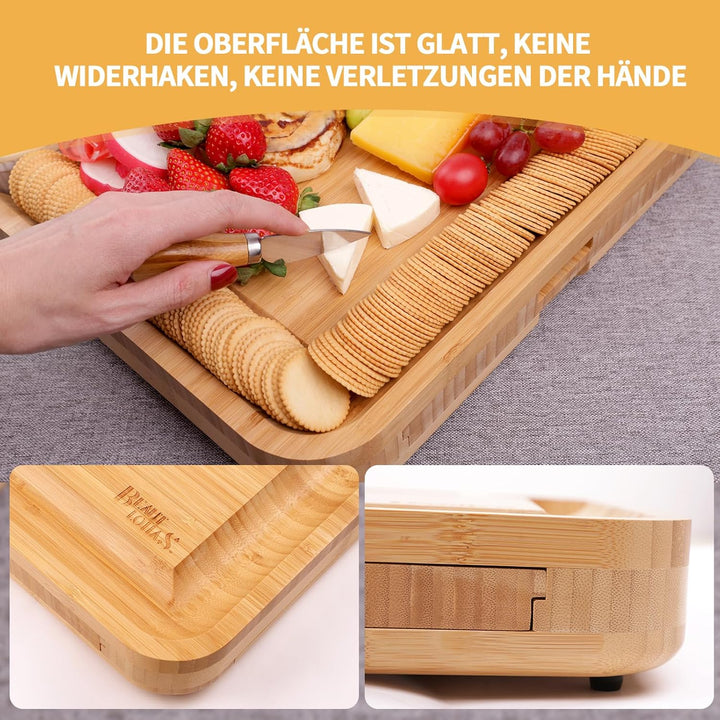 Bambus-Käsebrett, Käsebrett mit Käsemesser-Set, Charcuterie Board,Käsebretter, Servierbrett, für Wei