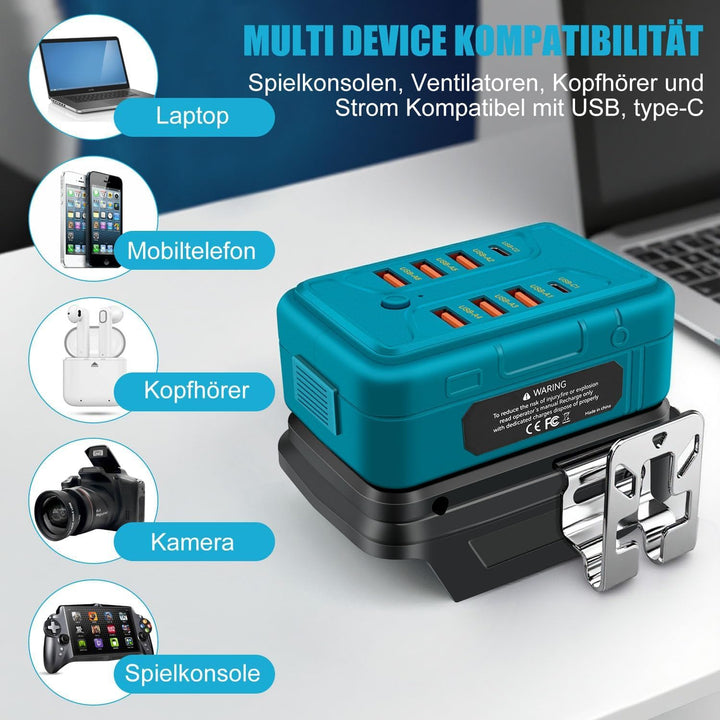 Akku Adapter kompatibel mit Makita 18V Lithium-Ionen Akkus - 6X USB-A & 2X USB-C Schnelllade-Ports,