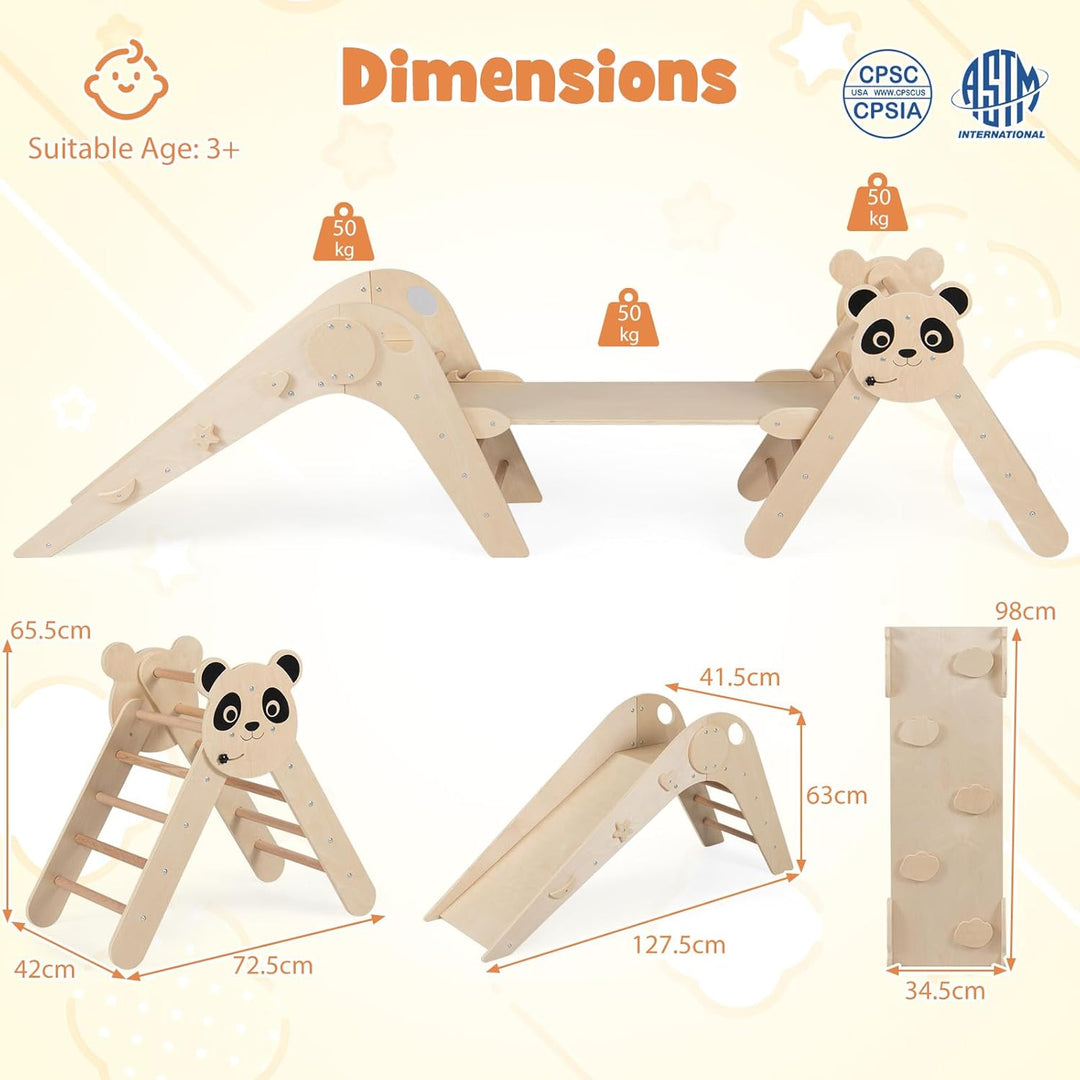 FANTASK Kletterdreiecke Indoor 3er Set, Klappbares Klettergerüst Holz mit Rutsche, Rampe & Kletterle